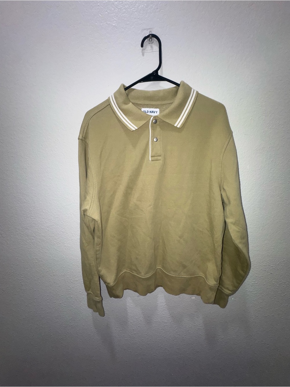 Old Navy Men's Tan Polo Sweatshirt with Striped Collar